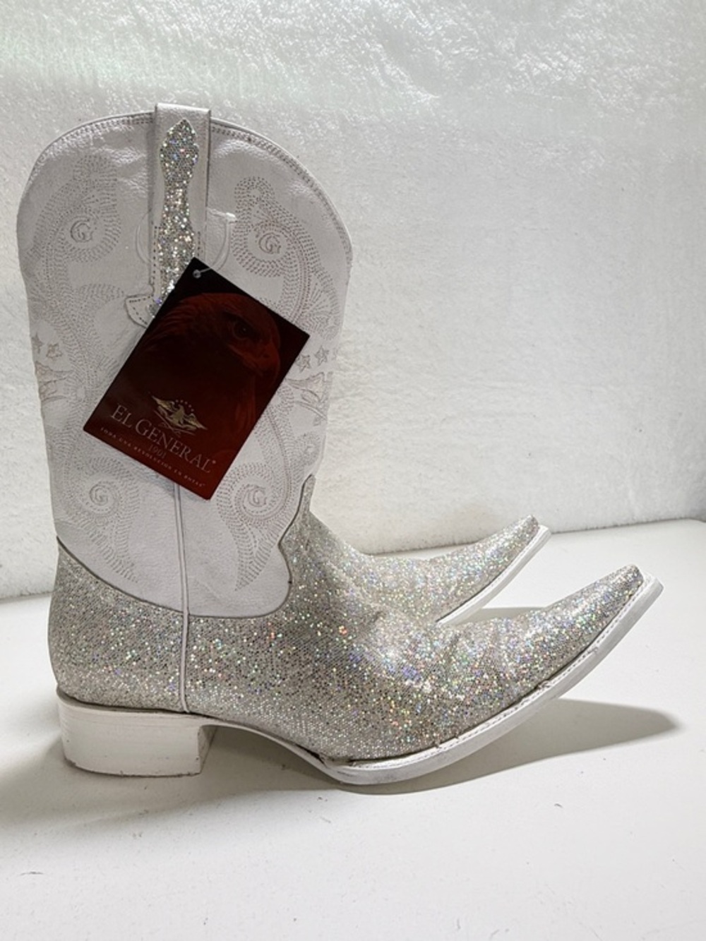El General 1901 Men’s White Silver Glitter Pointed Toe Cowboy Boots 28 MX US 9